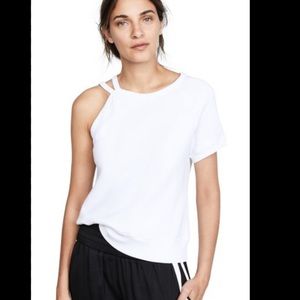 Pam & Gela, Strappy One Shoulder Short Sleeve Sweatshirt Top. White. Small